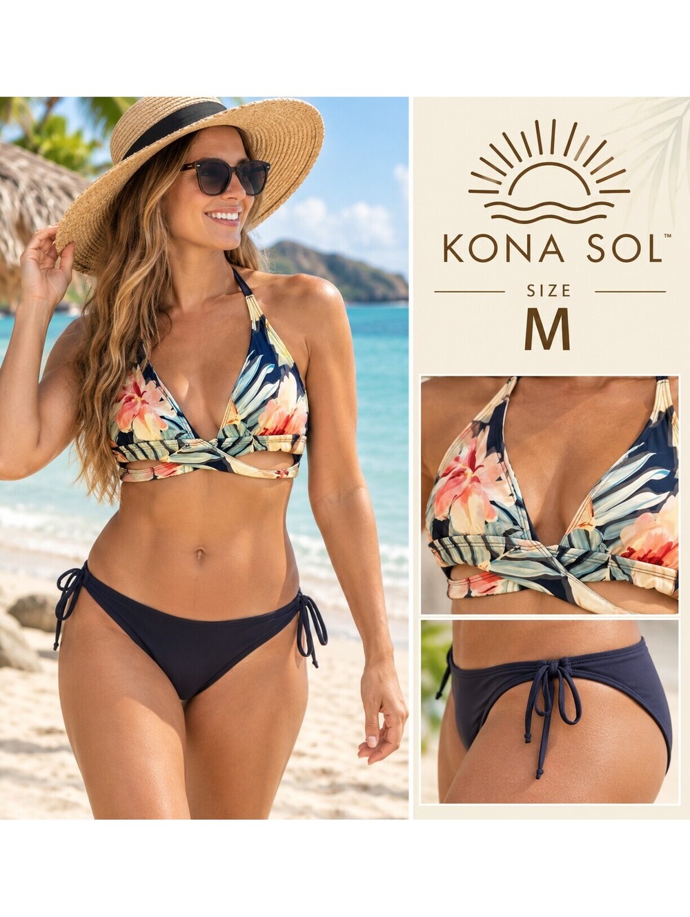 Kona Sol | M | Navy Bottom and Floral Top Bikini Set
